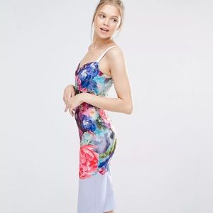 Ted Baker London Floral Print Bodycon Midi Dress Spaghetti Strap Size Small